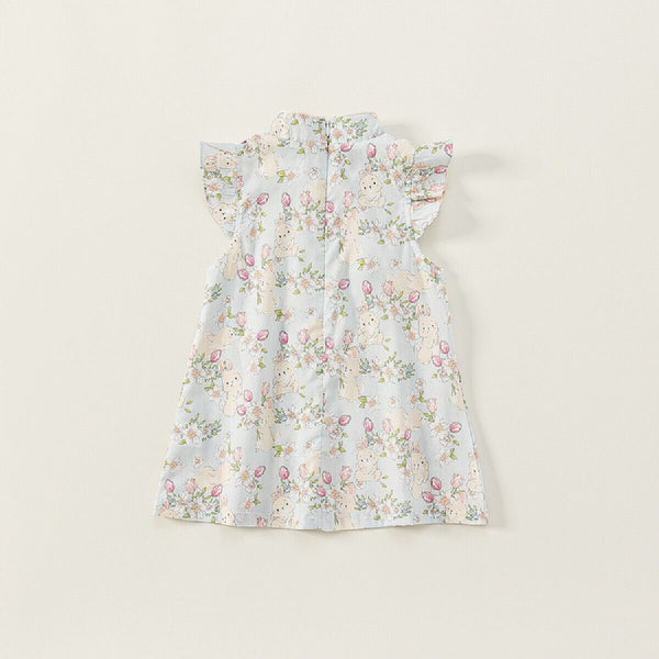 Summer Girls Cheongsam Dress | Stand Collar Flying Sleeve Rabbit Print Qipao