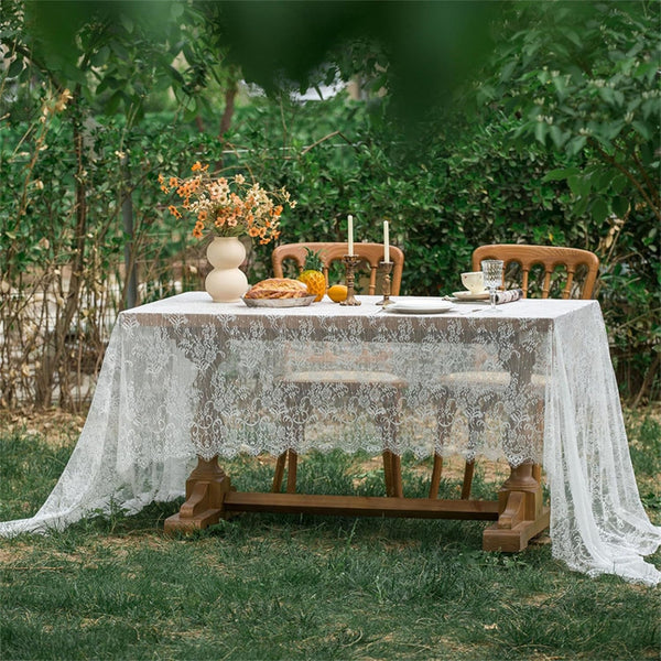 2PCS White Embroidered Lace Tablecloth Rectangle Vintage Floral Table Cover 150x305CM