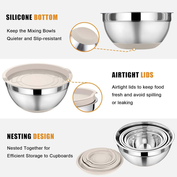 5 Piece Stainless Steel Mixing Bowl Set with Airtight Lids, Graters and Silicone Tongs – Kitchen Prep and Storage Set
