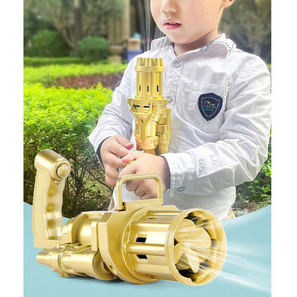 Child playing with a gold gatling bubble gun outdoors