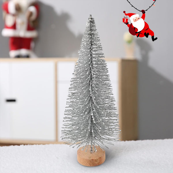 Single silver mini bottle brush tree on a wooden base