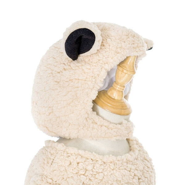 Close-up of the sheep costume hood with black ears