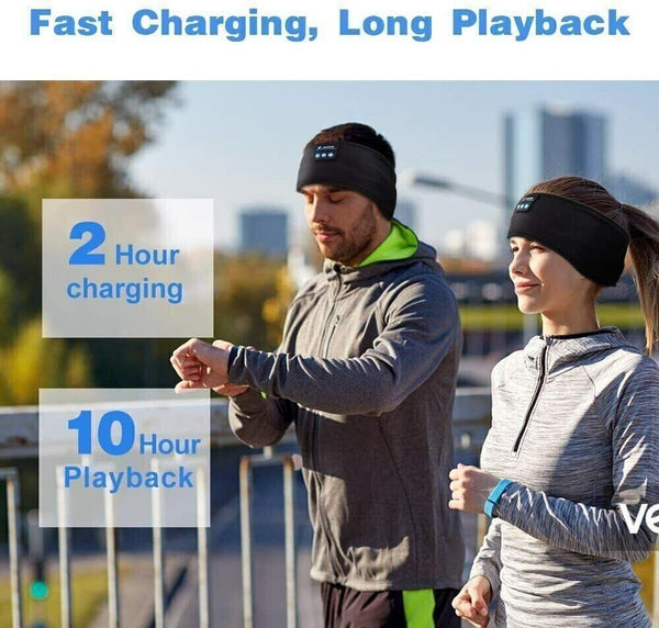 Man and woman running in Bluetooth headband headphones