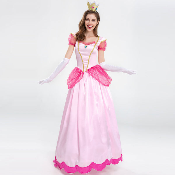 Pink princess dress with long white gloves, arms open