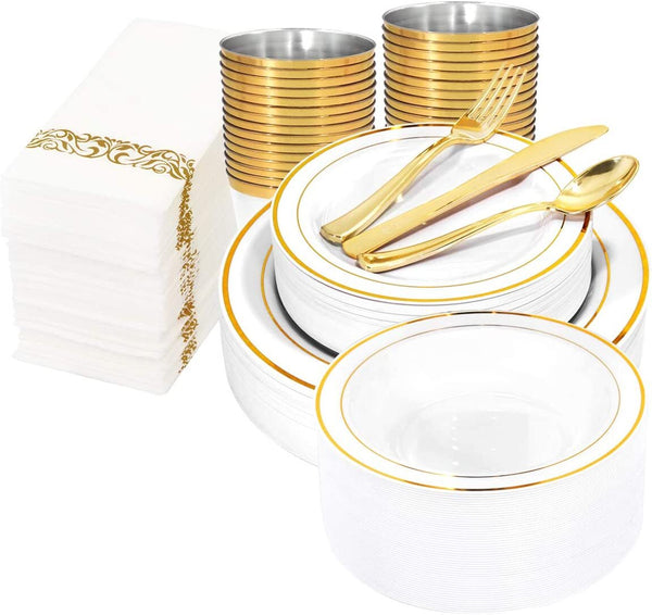 Gold plastic plates and cups stacked with cutlery
