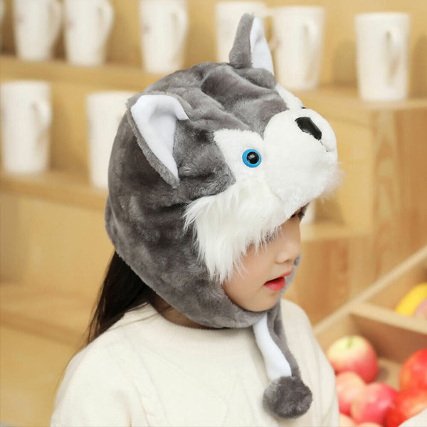 Dog Hat Dress Up Warm Plush Winter Adults Kids Snow Wolf Animal Costume Beanie