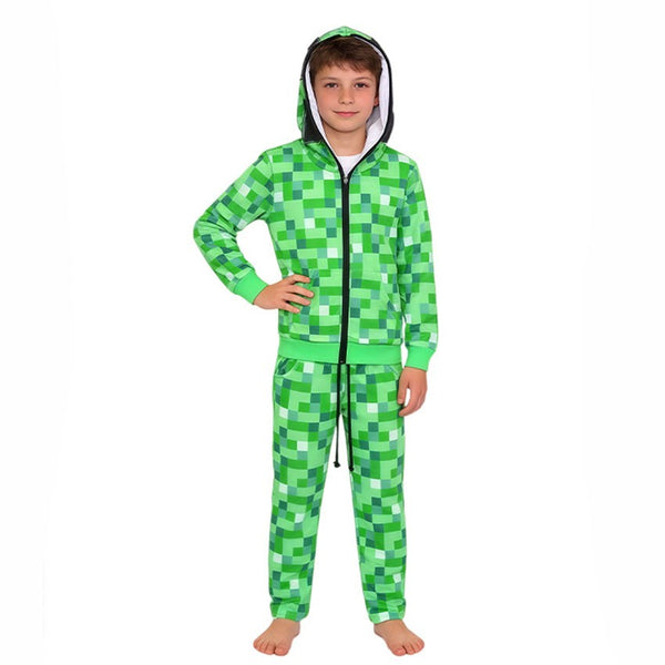 Child wearing Minecraft Creeper zip jacket and pixel pants