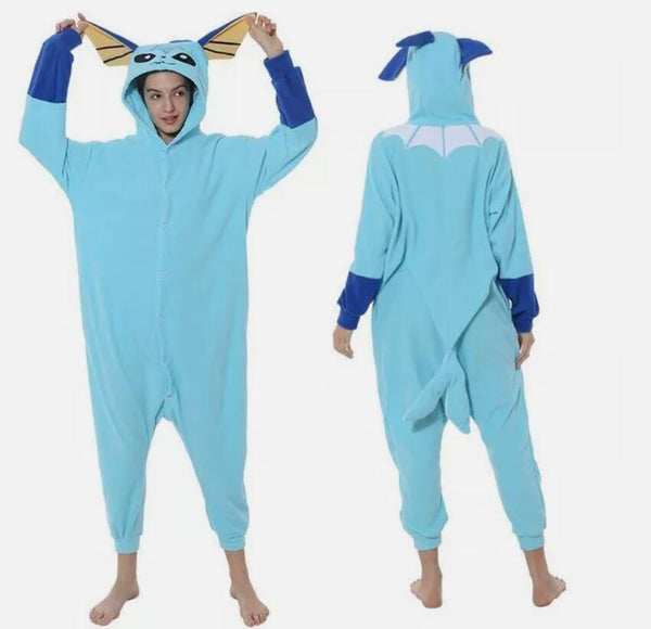 Aqua Fox kigurumi onesie, front and back view