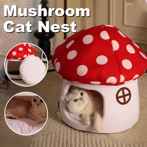 Winter Mushroom Cat House Cozy Sleeping Pet Bed for Cats Indoor Warm Pet House