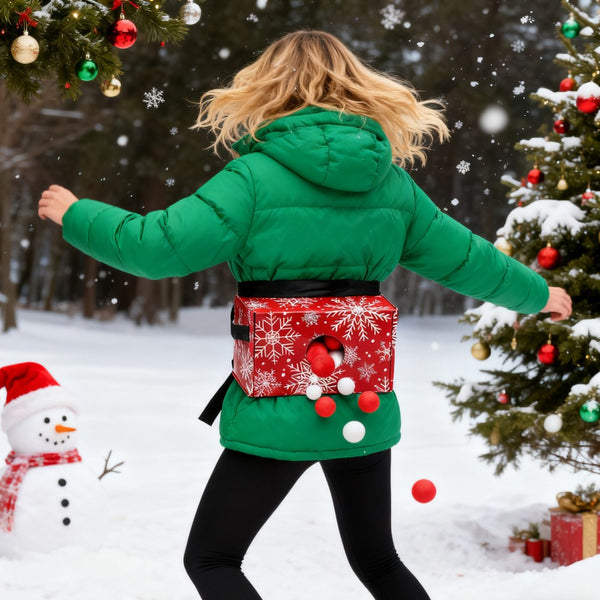 Woman in a green jacket playing the shake the box game in the snow
