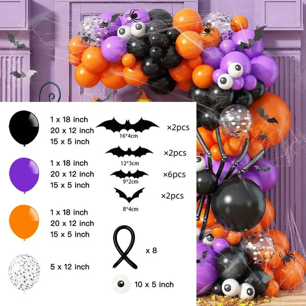 DIY Halloween balloon arch kit contents with bat cutouts and balloon chain