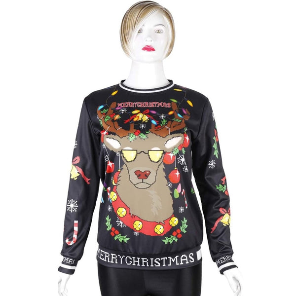 Black reindeer ugly Christmas sweater worn on a mannequin