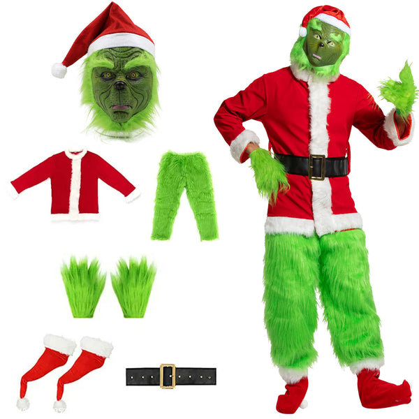 Christmas costume adults green grump Santa suit 7 piece set with furry pants, hat, gloves and mask