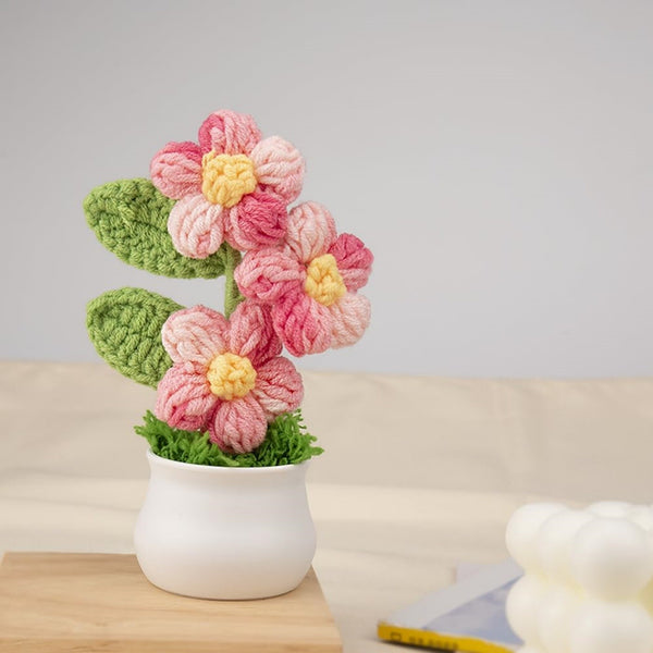 Handcrafted Crochet Faux Flower Potted Plant Knitted Artificial Decor