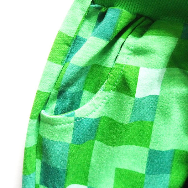 Minecraft Creeper costume pants pocket detail – green pixel