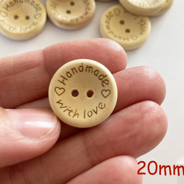 100PCS Natural Wooden Button Craft Sewing DIY Handmade With Love Wooden Buttons