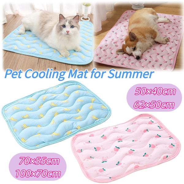 Pet cooling mats in pink and blue with a cat and dog, sizes 50 x 40 to 100 x 70 cm