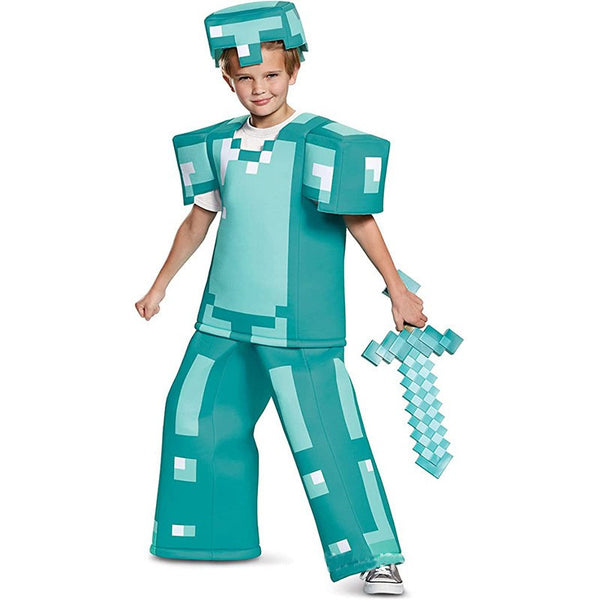 Child wearing Minecraft diamond armour costume with head cover for Book Week parade