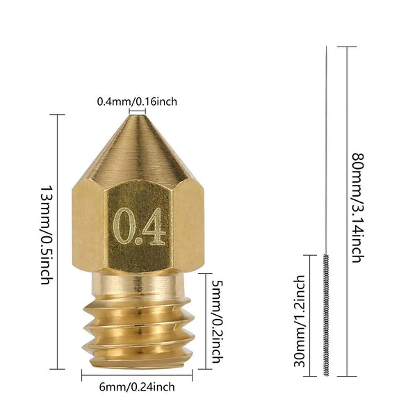 20pcs 0.4mm MK8 3D Printer Brass Nozzles Extruder 5x Nozzles Cleaning Needles