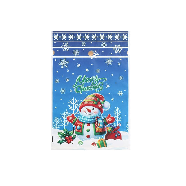 Snowman Christmas gift bag with blue snowflake border shown flat