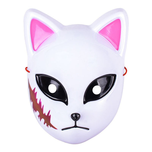 Non-glowing kitsune mask - white fox mask with pink ears and red markings