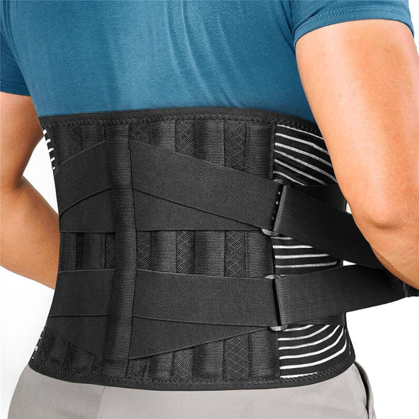 Black lumbar support belt worn on the lower back