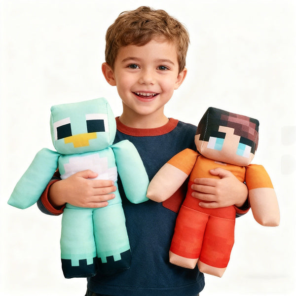 Boy hugging the pixel boy and blue bird plush toys