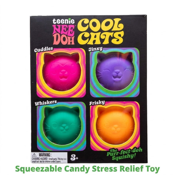 Four squishy cat stress balls in their box