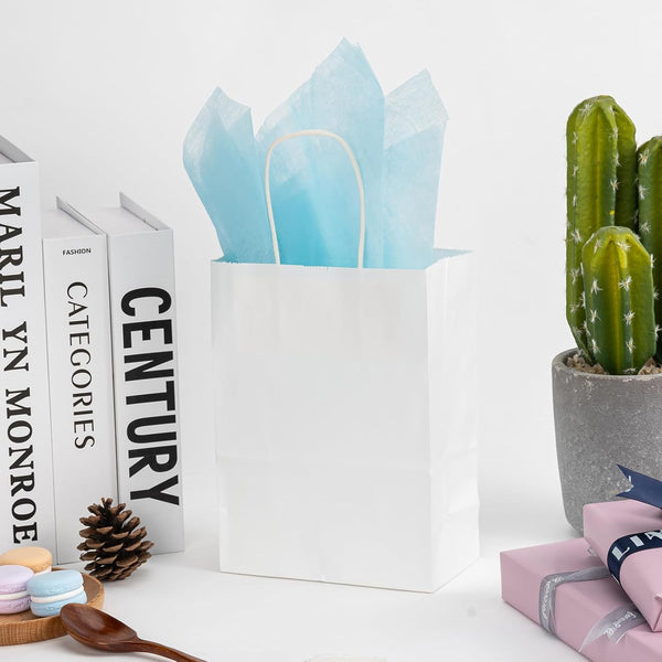 100PCS White Kraft Paper Bags with Handles Gift Shopping Carry Bags