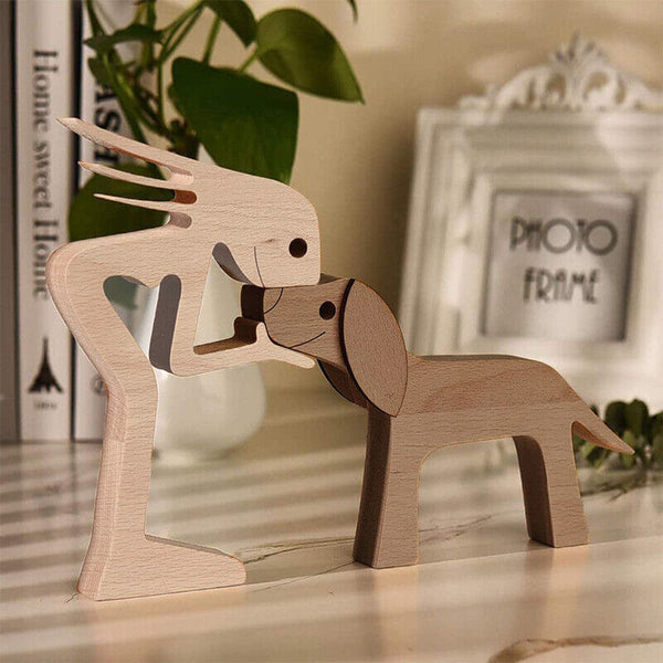 Handmade Wooden Statue, Sitting Woman and Dog, Wood Decor Craft DIY Home Decor