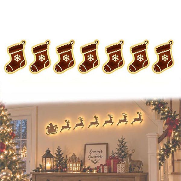 Set of 7 light up wooden Christmas stocking wall decorations