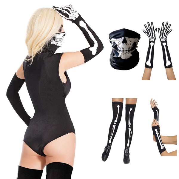 Skeleton Gloves Stockings Face Mask Skull Halloween Women Fancy Dress Costume AU