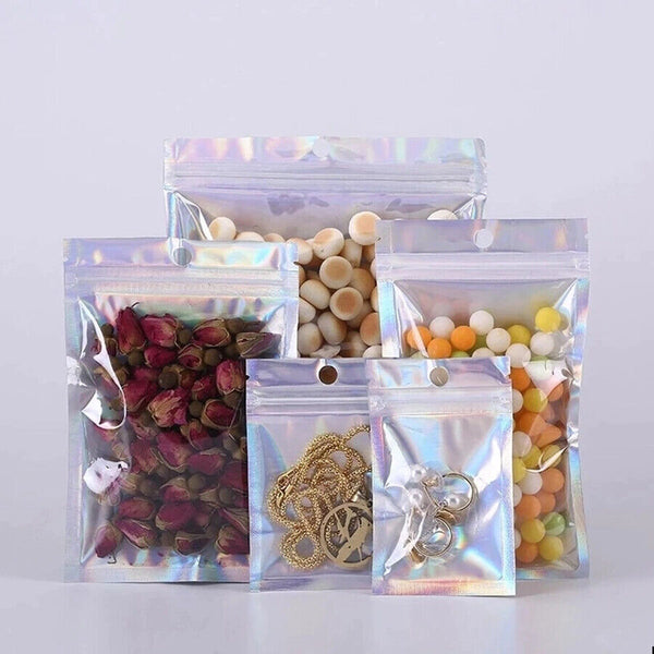 100PCS Rainbow Colour Holographic Storage Pouches Zipper Seal Foil Packaging Bag