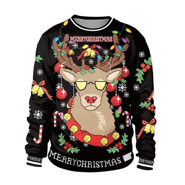 Black Christmas jumper with a reindeer in sunglasses and lights