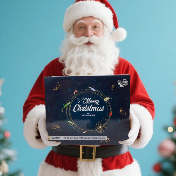 Santa holding the dark Merry Christmas fishing advent calendar gift box