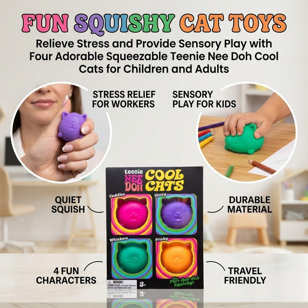 Squishy cat toys for sensory play: quiet squish, durable material, four characters