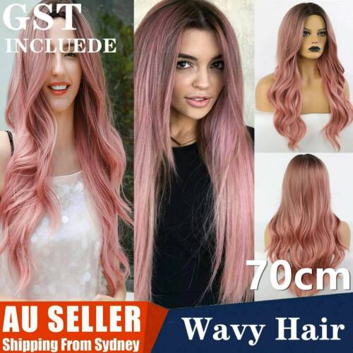 Women Long Wig Color Pink hair Ombre Rose Hair Taro Hairstyle Black Wavy hair AU