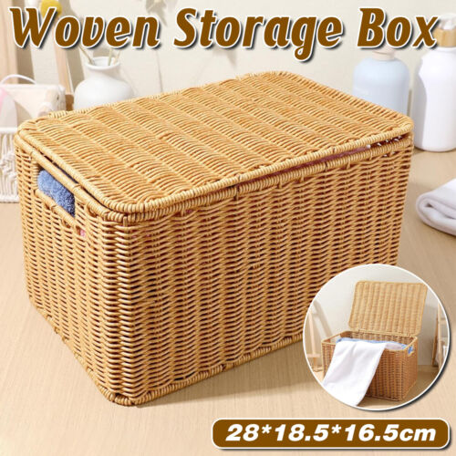 Storage Box Bedroom Organizer Faux Rattan Woven Basket with Lid Home Storage