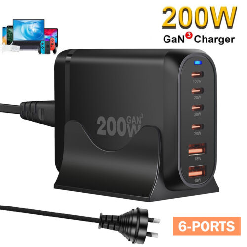 6 Port Fast GaN 200W Multi USB-C Wall Charger Quick Charging QC PD Type C USB AU