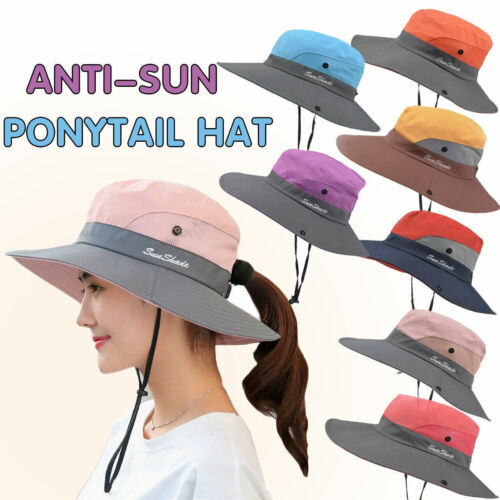 Wide Brim Sun Hat Women UV Protection Ponytail Summer Beach Visor Floppy Cap AU