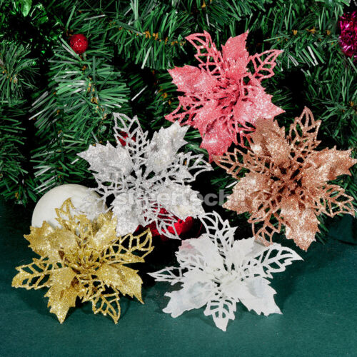 10 X Christmas Poinsettia Glitter Flower Tree Hanging Xmas Tree Party Decoration