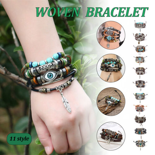 Turquoise Woven Leather Multi Layered Beaded Bracelet with Wood Beads for Women