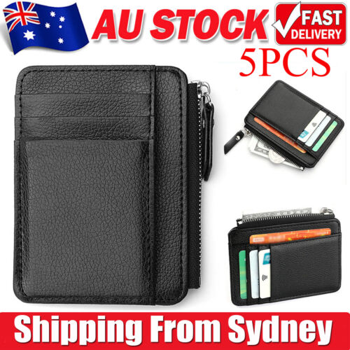 5pcs Leather Small Coin Case Card Holder Black Zip Wallet Pouch Mini Purse Bag
