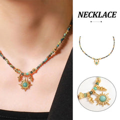 Vintage Colourful Beaded Necklace for Women with Turquoise Sun Pendant Fashion