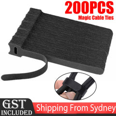 200PCS Magic Cable Ties Reusable Hook and Loop Cable Ties Organiser Cords Black