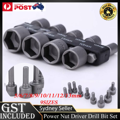 9PCS Power Nut Driver Drill Bit Set Metric Socket Wrench Screw 1/4" hex shank AU