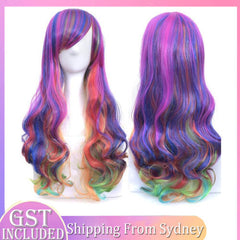 Women 70cm Long Rainbow Wavy Curly Cosplay Wig Party Costume Wig Hair Lolita Wig