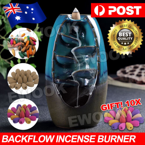 Backflow Ceramic Mountain Waterfall Smoke Incense Burner Cones Holder + 110 Cone