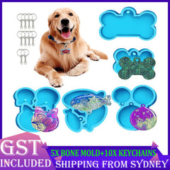 5x Dog Bone Cat Tag Pet Pendant Silicone Resin Molds +10pcs Keychain DIY Tool AU
