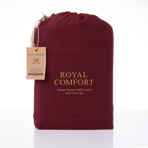 Royal Comfort Vintage Washed 100 % Cotton Quilt Cover Set Single - Mulled Wine - Lets Party
